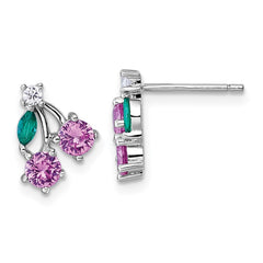 Sterling Silver Rhodium-plated CZ and Lab Created Corundum and Green Glass Cherry Post Earrings