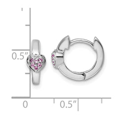 Sterling Silver Rhodium-plated Polished Pink CZ Heart 2mm x 11mm Hinged Hoop Earrings