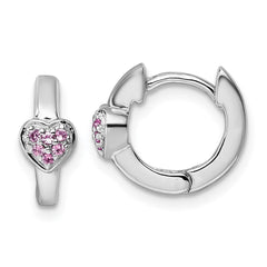 Sterling Silver Rhodium-plated Polished Pink CZ Heart 2mm x 11mm Hinged Hoop Earrings