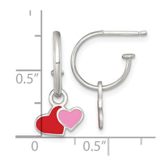 Sterling Silver Polished Red and Pink Enameled Hearts Dangle Childrens C-Hoop Post Earrings