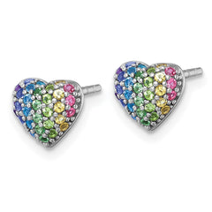 Sterling Silver Rhodium-plated Polished Rainbow Nano Crystals Heart Shape Childrens Post Earrings