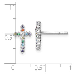 Sterling Silver Rhodium-plated Polished Multi-color CZ Cross Post Earrings