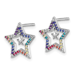 Sterling Silver Rhodium-plated Polished Rainbow Nano Crystals Star with Mini Star Dangle Childrens Post Earrings