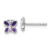 Sterling Silver Rhodium-plated Children's Purple Enamel Butterfly Post Earrings