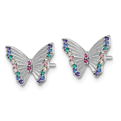 Sterling Silver Rhodium-plated Polished Rainbow Nano Crystals Butterfly Childrens Post Earrings