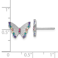 Sterling Silver Rhodium-plated Polished Rainbow Nano Crystals Butterfly Childrens Post Earrings