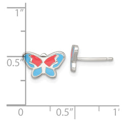 Sterling Silver Polished Orange and Blue Enameled Butterfly Childrens Post Earrings