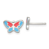Sterling Silver Polished Orange and Blue Enameled Butterfly Childrens Post Earrings
