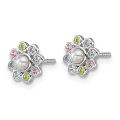 Sterling Silver Rhodium-plated Polished Green, Pink, Blue and Purple CZ and Freshwater Cultured Pearl Flower Post Earrings