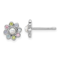 Sterling Silver Rhodium-plated Polished Green, Pink, Blue and Purple CZ and Freshwater Cultured Pearl Flower Post Earrings