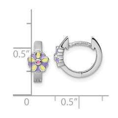 Sterling Silver Rhodium-plated Children's Purple, Yellow and Pink Enamel Flower Hinged Hoop Earrings