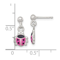 Sterling Silver Polished Pink and Black Enameled Ladybug Dangle Childrens Post Earrings