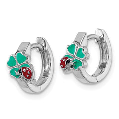 Sterling Silver Rhodium-plated Children's Green, Red and Black Enamel Ladybug 4-Leaf Clover Hinged Hoop Earrings