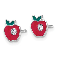 Sterling Silver Madi K Rhodium-plated Enameled Red Apple with Crystal Childrens Post Earrings