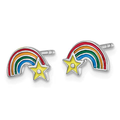 Sterling Silver Rhodium-plated Children's Multicolor Enamel Rainbow with Star Post Earrings