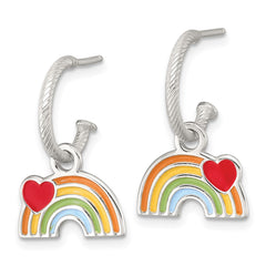Sterling Silver Polished Grooved Enameled Heart on Rainbow Dangle Childrens C-Hoop Post Earrings