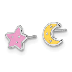 Sterling Silver Rhodium-plated Polished Pink and Yellow Enamel Moon and Star Mismatched Childrens Post Earrings