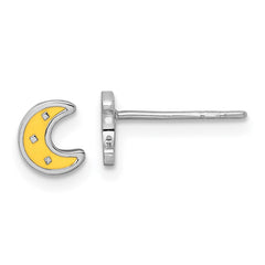 Sterling Silver Rhodium-plated Polished Pink and Yellow Enamel Moon and Star Mismatched Childrens Post Earrings