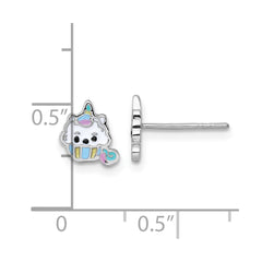 Sterling Silver Rhodium-plated Polished White and Rainbow Enamel Unicorn Cupcake Childrens Post Earrings