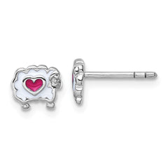 Sterling Silver Rhodium-plated Children's White and Pink Enamel Sheep with Heart Post Earrings