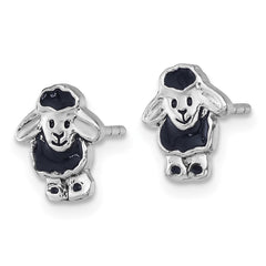 Sterling Silver Rhodium-plated Polished with Black Enamel Sheep Post Earrings