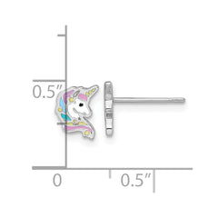 Sterling Silver Rhodium-plated Polished White and Rainbow Enamel Unicorn Head Childrens Post Earrings