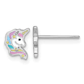 Sterling Silver Rhodium-plated Polished White and Rainbow Enamel Unicorn Head Childrens Post Earrings