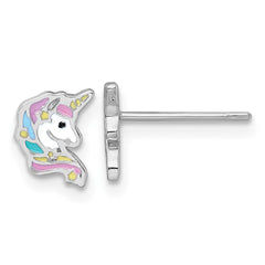 Sterling Silver Rhodium-plated Polished White and Rainbow Enamel Unicorn Head Childrens Post Earrings