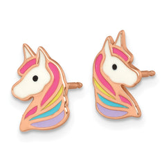 Sterling Silver Rose-tone Polished White and Rainbow Enameled Unicorn Childrens Post Earrings