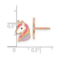 Sterling Silver Rose-tone Polished White and Rainbow Enameled Unicorn Childrens Post Earrings