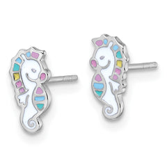 Sterling Silver Rhodium-plated Polished White and Rainbow Enamel Seahorse Childrens Post Earrings