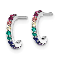 Sterling Silver Rhodium-plated Polished Rainbow Nano Crystals Childrens J-Hoop Post Earrings