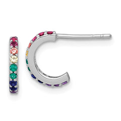 Sterling Silver Rhodium-plated Polished Rainbow Nano Crystals Childrens J-Hoop Post Earrings