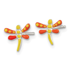 Sterling Silver Polished Yellow and Orange Enameled Dragonfly Childrens Post Earrings
