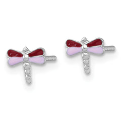 Sterling Silver Madi K Rhodium-plated Enameled Red And Pink Dragonfly Childrens Post Earrings