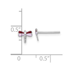 Sterling Silver Madi K Rhodium-plated Enameled Red And Pink Dragonfly Childrens Post Earrings