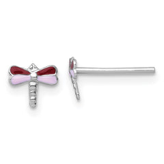 Sterling Silver Madi K Rhodium-plated Enameled Red And Pink Dragonfly Childrens Post Earrings