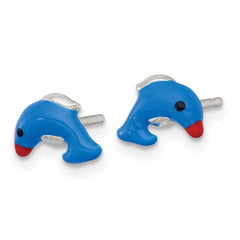 Sterling Silver Polished Blue/Red/Black Enameled Dolphin Childrens Post Earrings