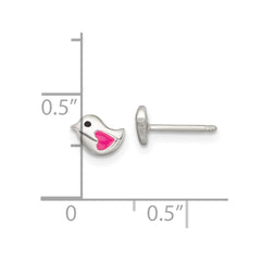 Sterling Silver Polished Pink and Black Enameled Heart Bird Childrens Post Earrings