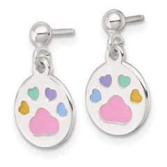 Sterling Silver Polished Enameled Multi-color Heart Pawprint Childrens Post Dangle Earrings