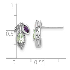Sterling Silver Rhodium-plated Polished Amethyst and Green Quartz Leaf Post Earrings