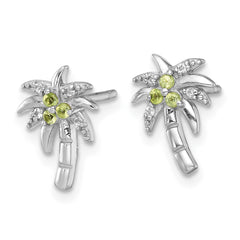 Sterling Silver Rhodium-plated Polished and Grooved Peridot and White Topaz Palm Tree Post Earrings