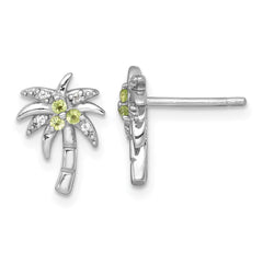 Sterling Silver Rhodium-plated Polished and Grooved Peridot and White Topaz Palm Tree Post Earrings