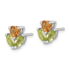 Sterling Silver Rhodium-plated Polished Heart Citrine and Peridot Flower Post Earrings