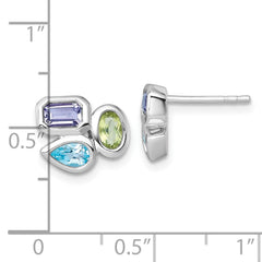 Sterling Silver Rhodium-plated Polished Pear Blue Topaz, Oval Peridot and Emerald-cut Amethyst Post Earrings