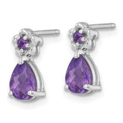 Sterling Silver Rhodium-plated Polished Amethyst Teardrop and Flower Post Earrings
