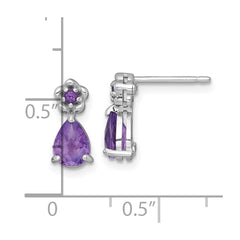 Sterling Silver Rhodium-plated Polished Amethyst Teardrop and Flower Post Earrings