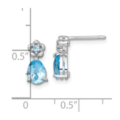 Sterling Silver Rhodium-plated Polished Light Swiss Blue Topaz Teardrop and Flower Post Earrings