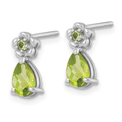 Sterling Silver Rhodium-plated Polished Peridot Teardrop and Flower Post Earrings