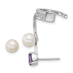 Sterling Silver Rhodium-plated CZ, White Freshwater Cultured Pearl and .45ct Oval Amethyst Post and Cuff Asymmetric Earrings